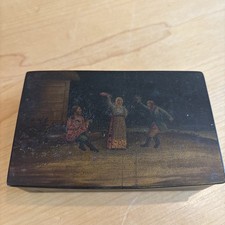 antique lacquer paper mache box. Hand painted Folk scene. 1800s picture