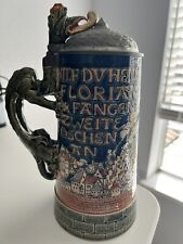 Antique Mettlach 1786 Etched German Beer Stein, Saint Florian, Dragon Pewter Lid picture