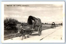 Luzon Philippines Island Postcard Native Ox Carts c1930's Vintage RPPC Photo picture