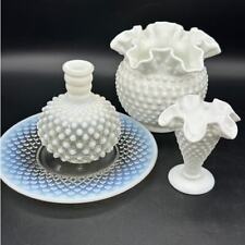 Fenton Hobnail Ruffled Set of 4. 3 Vases 1 Plate Vintage Milk Glass picture