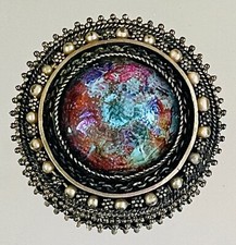 Judaica 935 Sterling Silver Israel Round Faceted Glass Foil Multi Color Brooch picture
