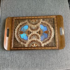 Vintage Brazilian Morpho Butterfly Wing Inlaid Wood Tray 18”x 11” x 1