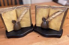 VTG Syroco Wood Book Ends Book And Feather Quill Pen Ink Well BROWN/GOLD picture