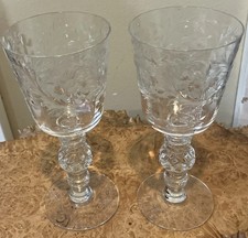 2 Water Goblets 1940’s Intricate Flower & Leaf Pattern Glass Crystal 7 1/2” picture