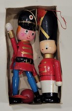 Vtg Wooden Christmas Ornaments Lot Toy Soldier Jumping Jack Pull String Box 2pc picture