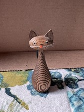 Vtg Otagiri OMC Cryptomeria Wood Kitty Cat Glass Eyes MCM Japan 5” 1960s picture