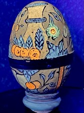 Vtg Enameled Brass Egg Trinket Box UV Blacklight Glow Cadmium Reactive W Stand picture