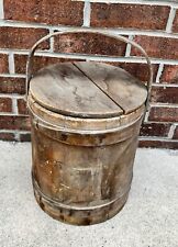 PRIMITIVE ANTIQUE WOODEN FIRKIN LAP BAND BUCKET WITH BENTWOOD HANDLE picture