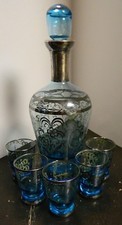 Vintage 6Pc Sterling Silver Overlay Italian Sphinx Light Blue Glass Decanter Set picture