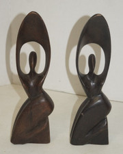 Set Of 2 Abstract Ebony Wood Sculpture 11.5” Tall Hand Crafted picture