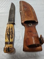 MARBLE’S  GLADSTONE KNIFE   STAG HANDLE AND POMMEL   VINTAGE  USA & SHEATH picture