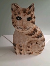 James Haddon Hand Carved Wood, Artist Signed Tabby Cat Vintage 1980's picture