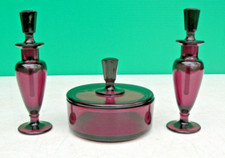 New Martinsville Perfume Bottle Powder Box Dresser Set AMETHYST GLASS Vintage picture