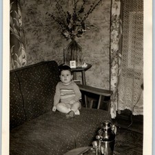 c1940s Cute Baby Toddler Sitting Sofa Couch Wallpaper Chrome Thermos Photo 5