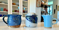 Set of 3 Vintage Signed Handmade Studio Art Blue Stoneware Pottery Creamers/Jar picture
