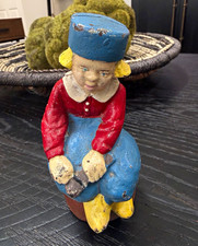 Vintage Hubley Cast Iron Dutch Boy on a Barrel Coin Bank Figurine Antique-Like picture