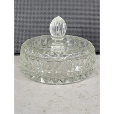 Vintage Clear Glass Lidded Trinket Dish Diamond Point Floral Etched Candy Bowl picture