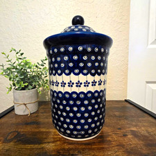 Zakłady Boleslawiec Polish Pottery Polka Dot Handmade Blue/White Lidded Canister picture