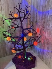 Avon 2012 Sparkling Halloween Tree 18.5” Purple Glitter Light Up w/ Ornaments picture
