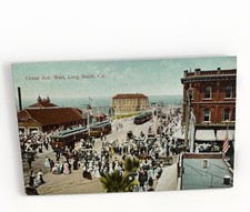 1900s Ocean Ave. West Trolleys Wagons Horses Stores Big Crowd Long Beach CA PC picture