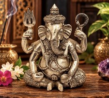Vintage Indian Ganesha Statue Brass Hindu Deity 4” Heavy 640g Intricate picture
