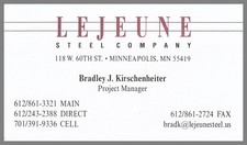 Lejeune Steel Company Bradley Kirschenheiter Minneapolis MN Vtg Business Card picture