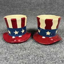 Vintage Ceramic Uncle Sam Top Hat Set 2 Patriotic Decor Miniature Planters Pair  picture