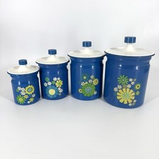 Vintage Kromex Blue Daisy Aluminum Canister Set Mid Century Flower Power Grandma picture