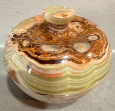 Vintage Green Onyx Lidded Jar Stone Trinket Box Marbled Alabaster Boho PAKASTAN picture