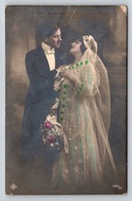 Vintage RPPC Polish Wedding Couple Hand Tinted Postcard Amsterdam NY 1910s picture