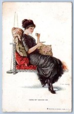 1910s COME SIT BESIDE ME a/s T EARL CHRISTY WOMAN IN WICKER PORCH SWING POSTCARD picture
