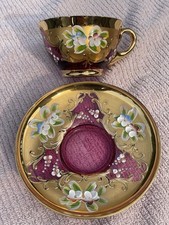 Vintage RTL Bohemian Czech Cranberry Glass Cup Saucer Enamel Gold Gilt picture