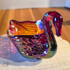 Vintage Imperial Glass Ruby Red Carnival Glass Swan W/Original Label UV Reactive picture