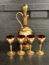 Vintage Italian Ruby Red Decanter Raised Enamel Flowers Gold Gilt W/ 4 Cordials picture