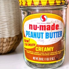 Vtg 1960s Safeway NU-MADE Creamy PEANUT BUTTER Glass Jar Paper Label Lid Oakland picture