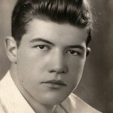 c1940s Handsome Young Man Pompadour Hair Studio Photo Open Collar Shirt Roy Vtg picture