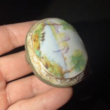 Antique Continental Porcelain Pill Box Hand Painted Scene Scissor Cross Mark 222 picture