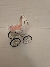 Vintage Miniature Dollhouse Woven Basket Rubber Wheels Stroller Buggy White Wick picture