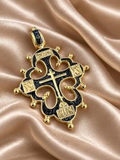 Orthodox Three Bar Cross Pendant Gold Tone Black Enamel Christian Jewelry picture