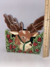 Vintage Metal Hand Painted Enameled Wall Pocket Deer Holly Berries picture
