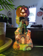 Vintage Pacific Rim Porcelain Halloween House Light Up Pumpkin Tower Tree 61826 picture