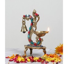 Gemstone Work Ethnic Carved Peacock Design Brass Diya with Bell picture