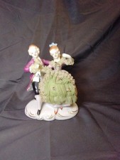 Vintage Dresden Style Porcelain Lace Figurine Courting Dancing Couple Rococo... picture