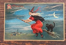 c1910's Halloween Witch And Black Cat Broomstick Crescent Moon Tuck Postcard picture