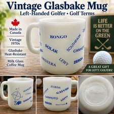 Vintage Glasbake Milk Glass Mug Left Handed Golfer Golf Made in Canada 1970s picture