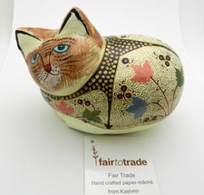 Vintage Cat Kitty Trinket Box Papier Mache Hand Painted Flower Pattern India picture