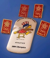 Vintage Olympics Calgary 88 Pinback Lot w/ 1984 Sam the Olympic Eagle Athletics picture