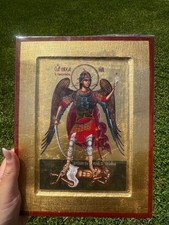 Archangel Michael Orthodox Icon Raised Wood 18kt Gold Leaf picture