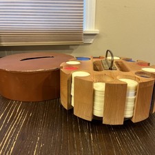 Vtg Wooden Poker Chip Carousel Caddy w Brass Handle & Chips MCM Game Room Set picture