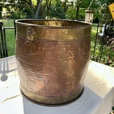 VTG Hammered Copper Brass Jardiniere Large Planter Lion Handle Log Bucket INDIA picture